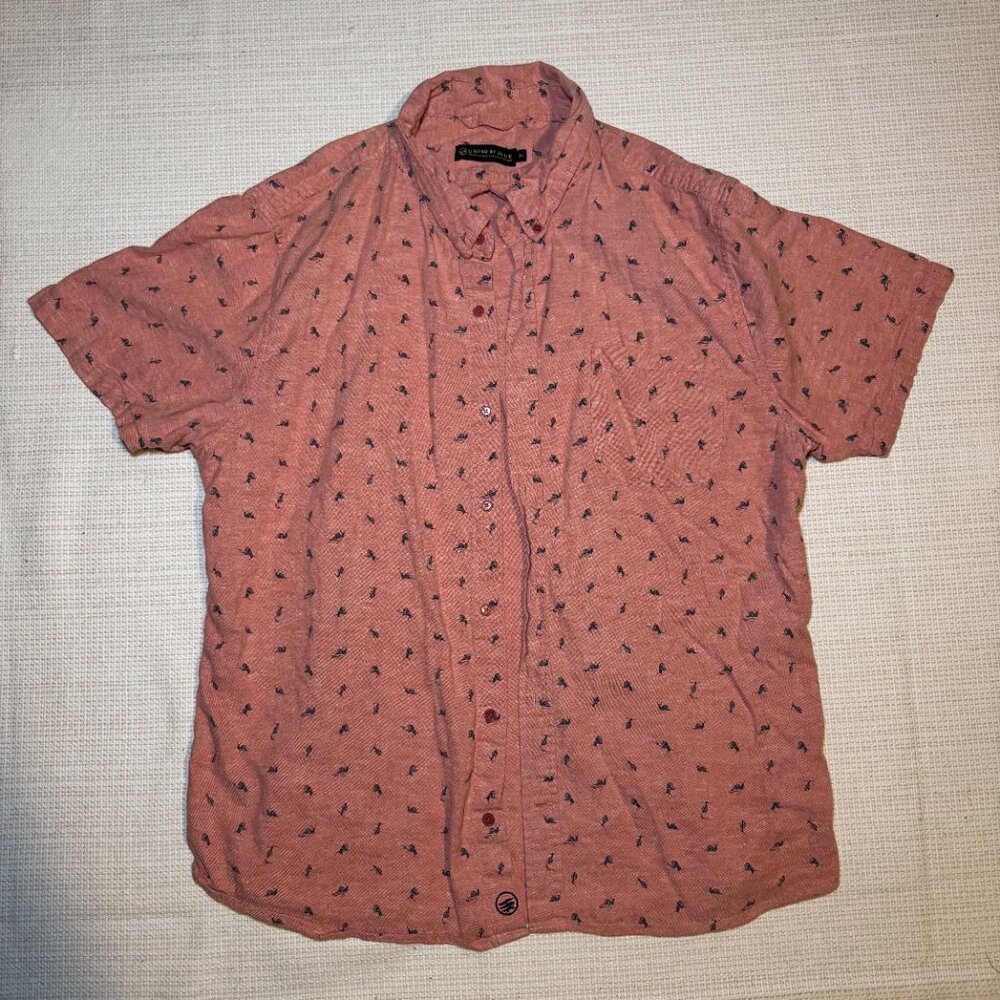 United By Blue men's snail print button-up hemp casual shirt.
